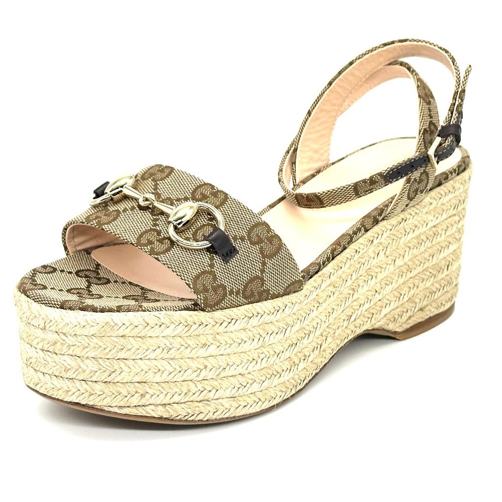 Gucci Horsebit GG Supreme Platform Espadrille Wedge Heel Sandals Shoes - Picture 6 of 16